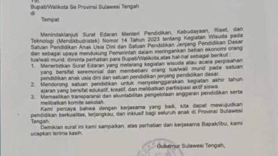 Gubernur Anwar Hafid Instruksikan Sekolah Tak Bebani Orang Tua dengan Wisuda PAUD dan SD